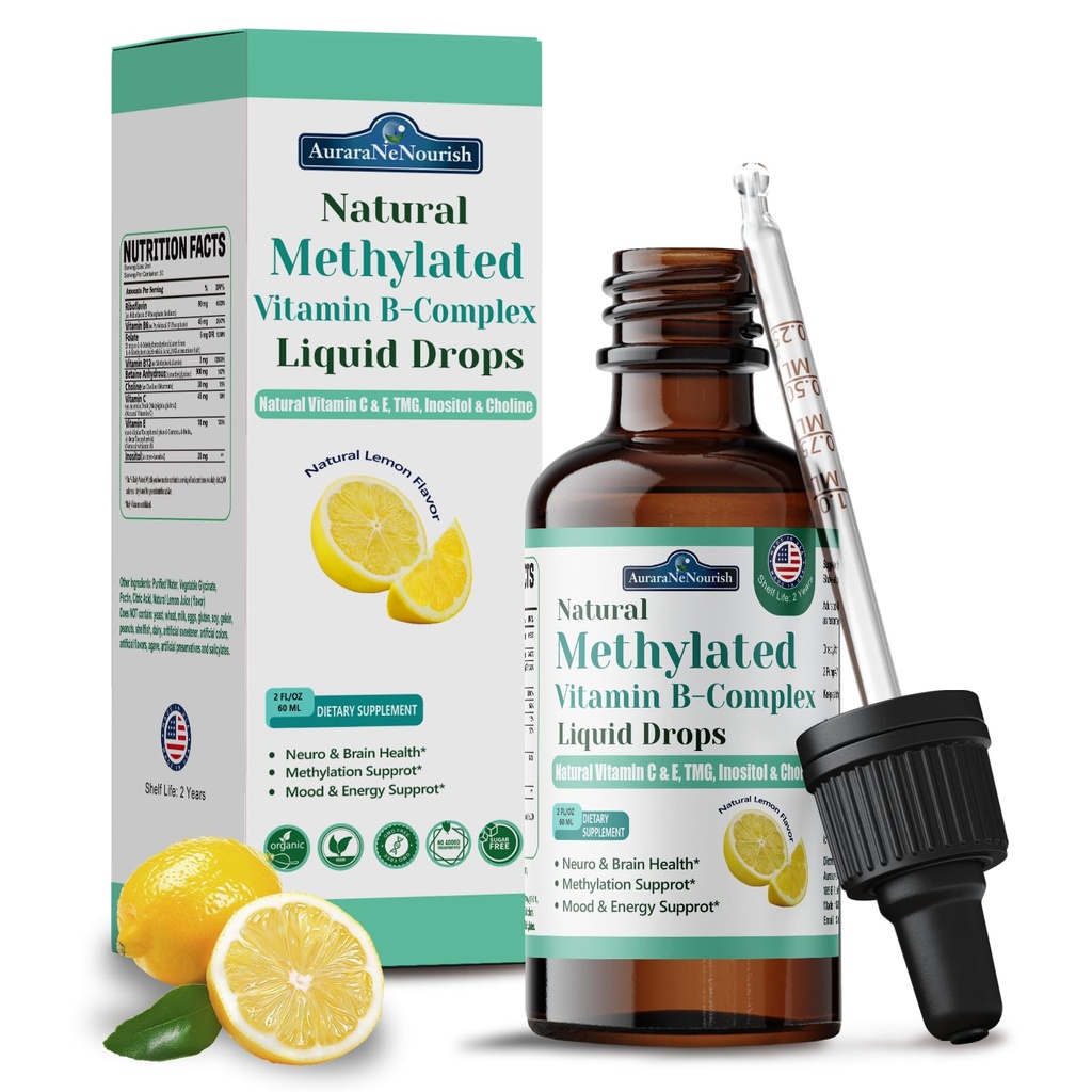 Methylated B Complex Liquid Drops, 9-in-1 Super B-Complex Methylated Multivitamin w. Methylfolate B12 TMG Inositol Vitamin C E, Methyl Vitamin B Complex for Men & Women | MTHFR Support | Energy & Mood