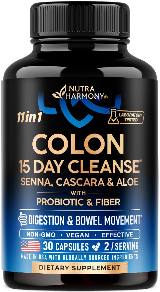 Colon Cleanse - 15 Day Cleanse for Women & Men - Senna | Cascara | Garcinia Cambogia | Probiotics & Fiber - 消化与解毒 - Debloating & Bowel movement - Natural & Vegan - 美国制造,30 Capsules