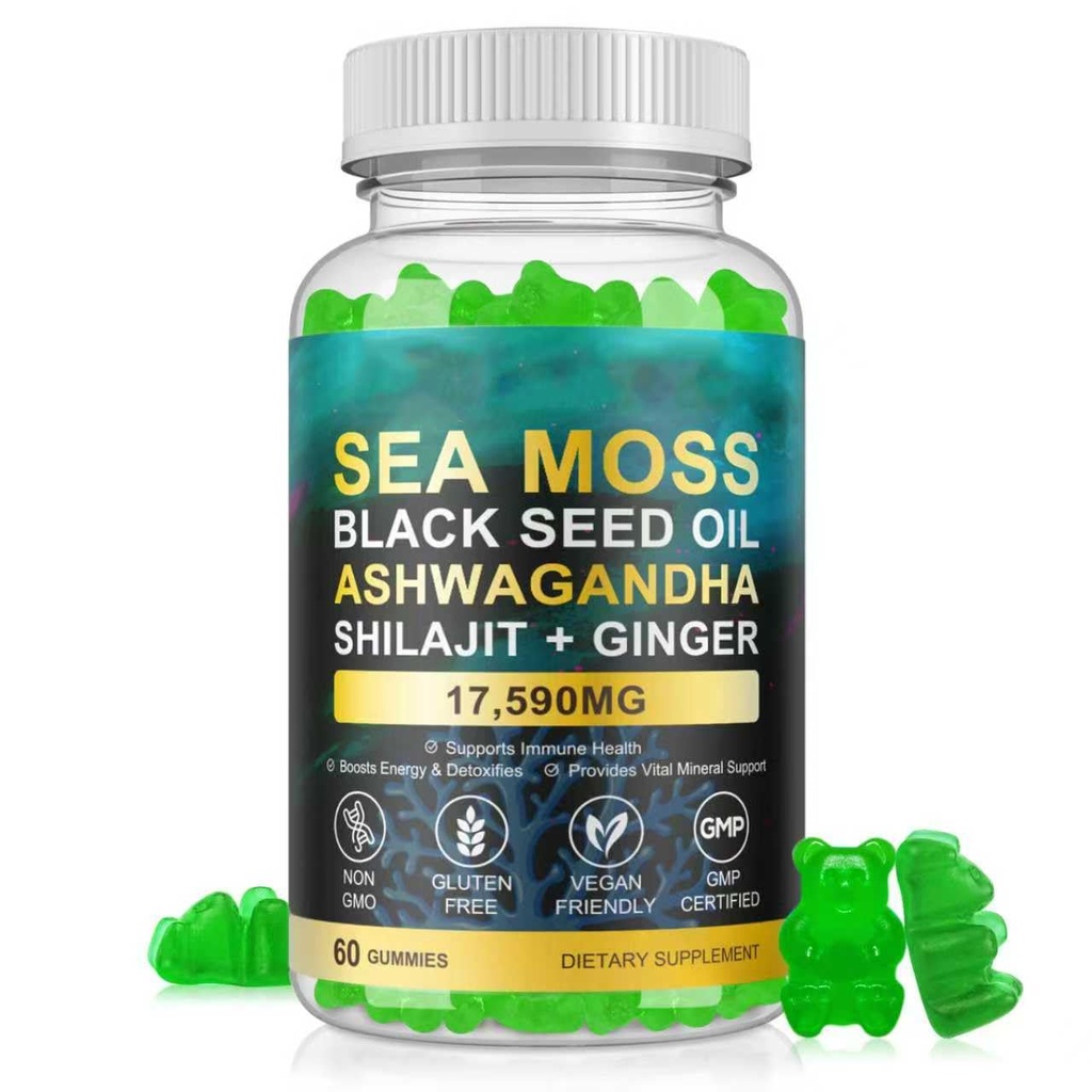 Sea Moss Gummies, Sea Moss, Bladderwrack, Ashwagandha, Burdock Root, Energy, Immune Support, 60 Vegan Gummies