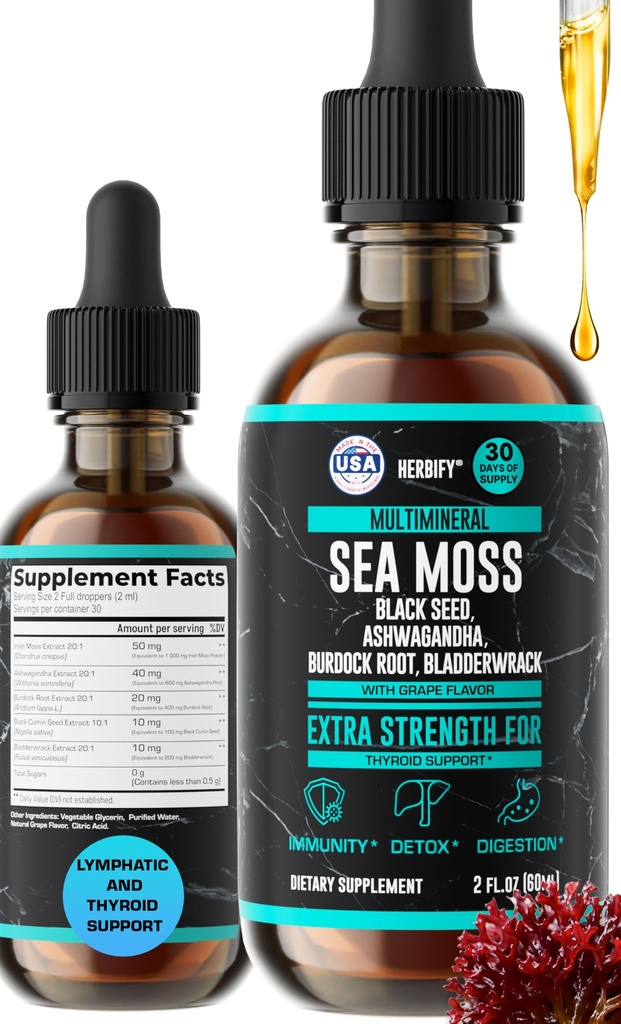 HERBIFY Sea Moss Multimineral Liquid Complex Thyroid Supplement with Irish Sea Moss - Lymphatic Drainage Drops - Immune & Thyroid Support for Women and Men - Grape Flavor, 2 Fl Oz, Made in USA