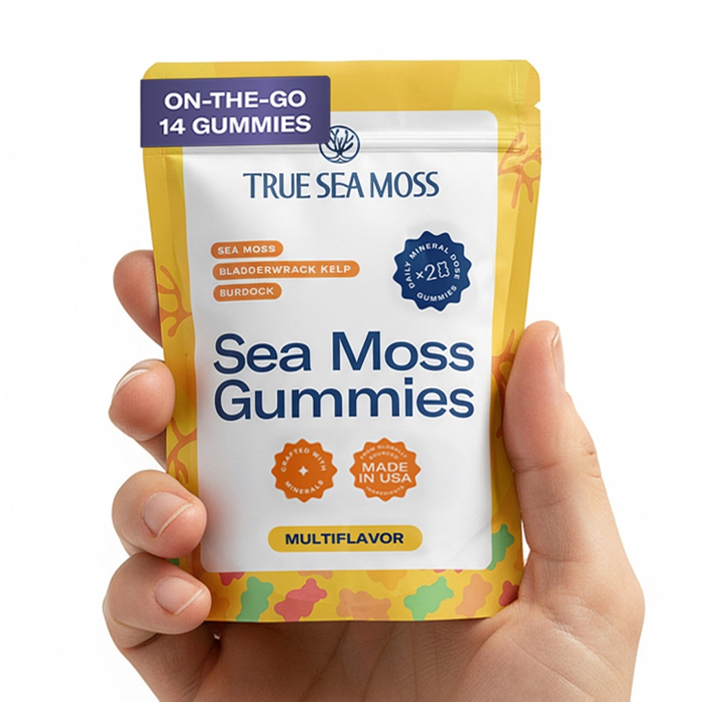 TrueSeaMoss Gummies Sample – 1200mg Irish Sea Moss + Bladderwrack & Burdock Root – Travel-Size, Vegan, Fruity, Gluten-Free – 14 Gummies – Easy On-the-Go Wellness – Made in USA