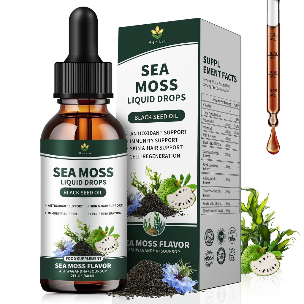 Irish sea Moss Drops,Organic sea Moss Gel,with seamoss Black Seed Oil ashwagandha Burdock Root,Multimineral Seamoss Supplement Support Antioxidant, Immune, Gut Health, Non-GMO - 2 Fl Oz