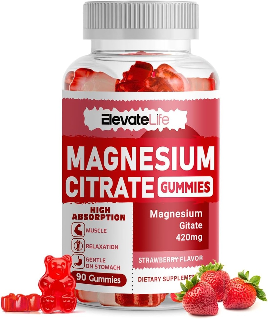 甘化镁 1000mg - 无糖镁 钾补充剂,配有维生素D, B6, CoQ10 用于镇静Mood & Sleep Support - 60 Strawberry Gummys
