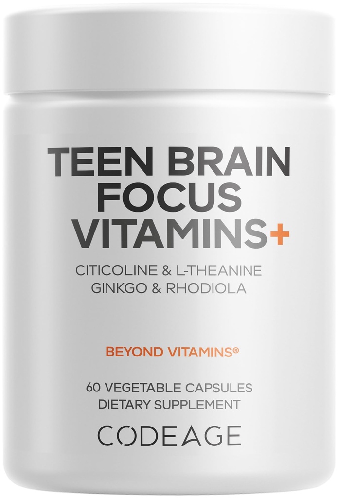 Codeage Teen Brain Focus Vitamins+ Citicoline Cognizin, L-Theanine, Ginkgo, Rhodiola, Lavender, Magnesium, Vitamin B6, B12, Folate - 2-Month Supply - 12-18 Years - Liposomal Supplement - 60 Capsules