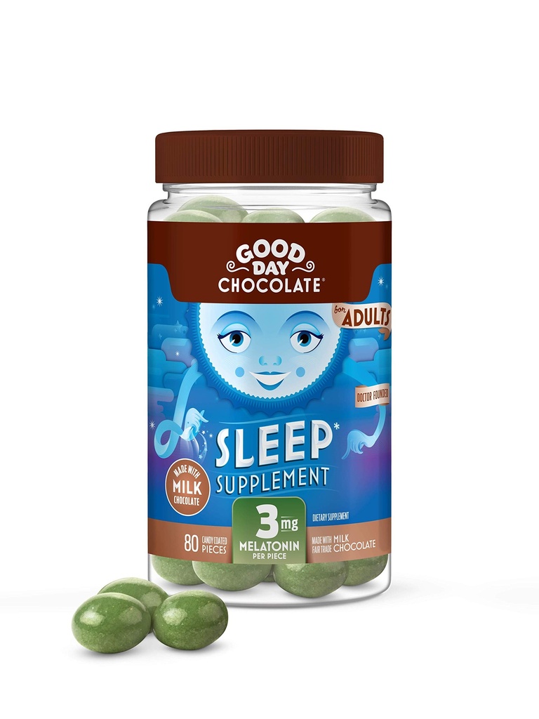 Good Day Chocolate Melatonin for Adults [ 80 Count ] - Fair Trade Non-GMO Chocolate with Chamomile and Melatonin 3 mg - Adult Melatonin, Adult Natural Sleep Aid Supplement