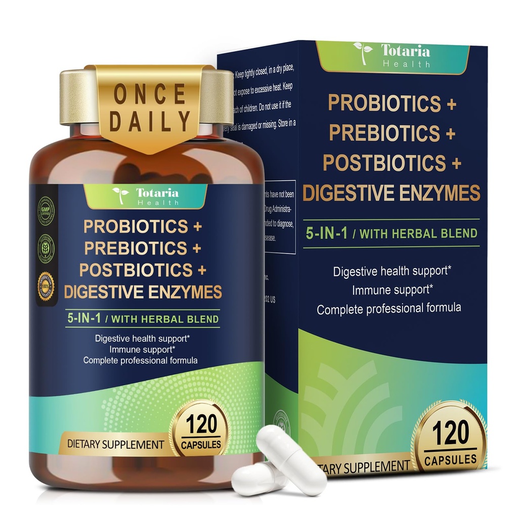 Totaria 5-in-1 60亿 CMU 女性和男性的亲生前生和后生,w/Digestive Ezymes, Slippery Elm, Daily Competive Gut Health, 消化和免疫支持, 4个月供应, Vegan