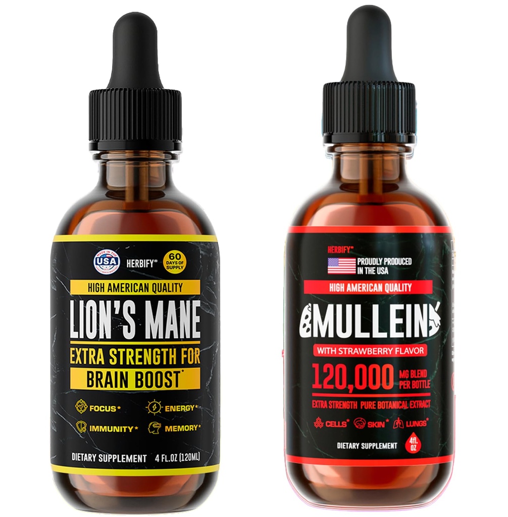 HERBIFY Bundle - Lions Mane & Mullein 4 Fl Oz Strawberry Drops - Supplement for Memory, Focus & Clarity & Immune Support, Lung Cleanse and Bronchial Support