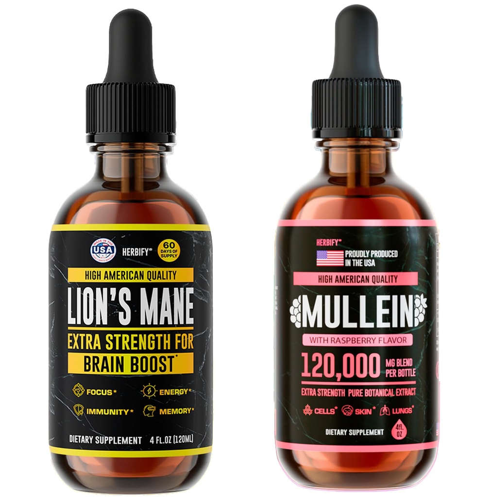 HERBIFY Bundle - Lions Mane & Mullein 4 Fl Oz Raspberry Drops - Supplement for Memory, Focus & Clarity & Immune Support, Lung Cleanse and Bronchial Support
