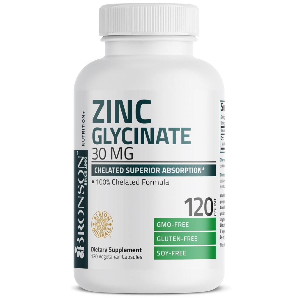 Bronson Zinc Glycinate 30mg Chelated 高级吸收 100% Chelated 公式 非GMO, 120 蔬菜卡普尔