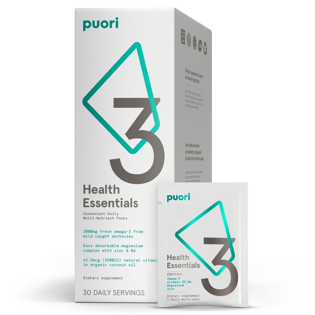 Puori P3 健康基本知识 -- -- 男女多种维生素 -- -- 30种服务 -- -- Omega 3,维生素D,镁,锌 -- -- 大脑和能源多营养素