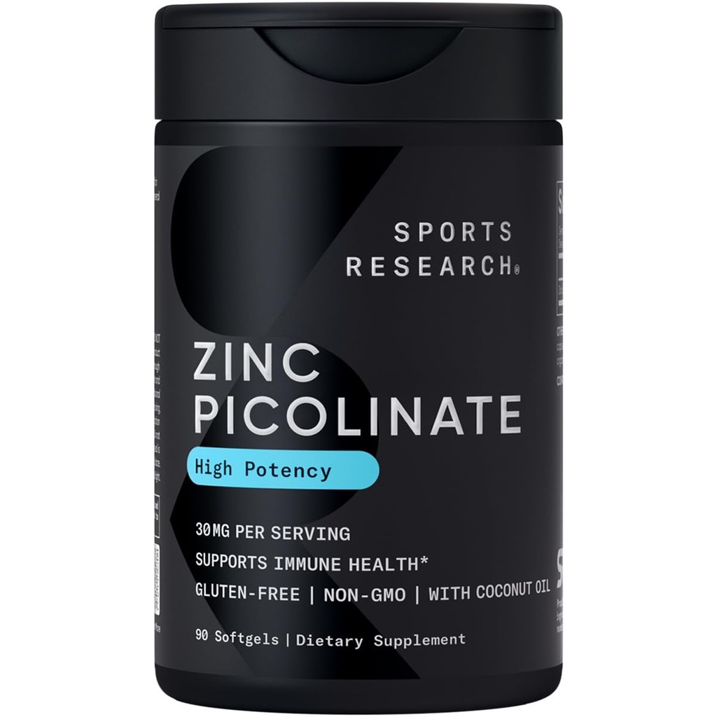 运动研究 高概率锌 Piclinate 30 mg 与有机椰油 → 高吸收性锌 健康免疫和酶功能补充剂 - 非GMO 测试无胶(90 液体软胶)