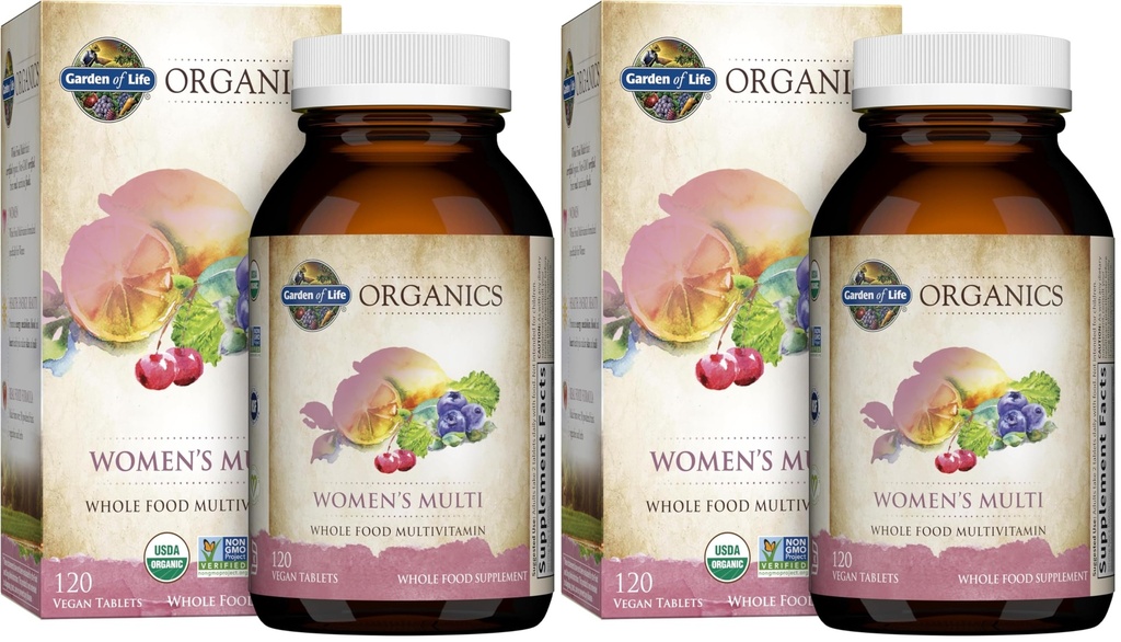 Garden of Life Organics Multivitamin for Women,Womens Multi with Vitamin C,D,Folate,B6,B12,Biotin,Iron,Vegan Whole Food Vitamins for Women,Energy,Skin,Nails,120 Tablets,(Pack of 2)