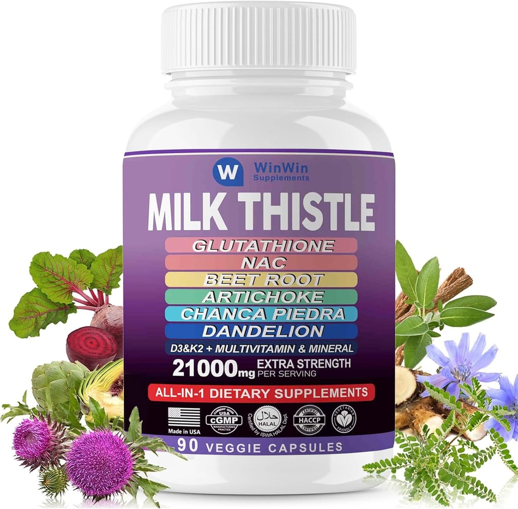 Milk Thistle Supplement 15000mg Organic Artichoke Chanca Piedra Dandelion Liver Protection Supplement Contains Glutathione NAC Beetroot Powder D3&K2 vitamins Mineral (29-IN-1)Made In USA