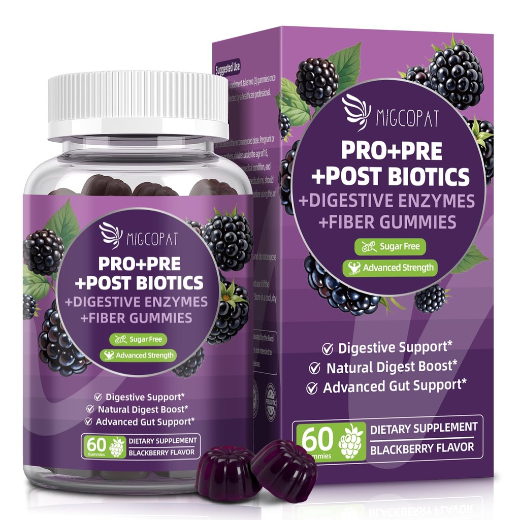 Migcopat Pre Post Probiotics Gummys, Probiotic Probiotic Probiotic Probiotic Probioitive Enzyms with Fiber, 120亿CFU Probiotics 完整Gut支持,无糖,Vegan, BlackBerry Flavor, 60 Cts
