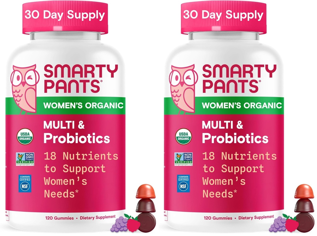 SmartyPants Organic Women's Multivitamin Gummies: Biotin,Probiotics,Methylfolate,Omega 3 (ALA),Vitamin D3,C,Vitamin B12,B6,A,K & Zinc,Inositol,Gluten Free,(30 Day Supply),120 Count (Pack of 2)