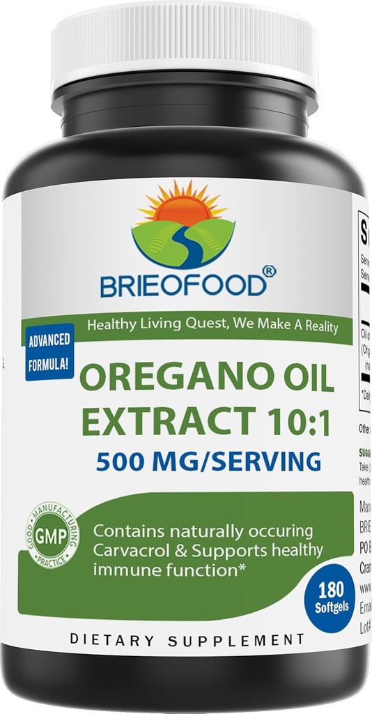 Brieofood Oregano Oil 10:1 抽取 500 mg / service - 含有自然摄入的Carvacrol - 健康的免疫功能 - 180 软胶