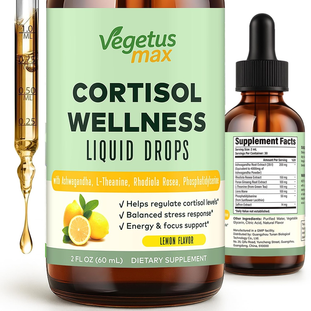 Cortisol Supplement Liquid Drops, 7-in-1 Cortisol Detox w. Ashwagandha Theanine Rhodiola Rosea Saffron Phosphatidylserine, Cortisol Reducer & Lower Cortisol for Women Sleep, Focus, Mood Support