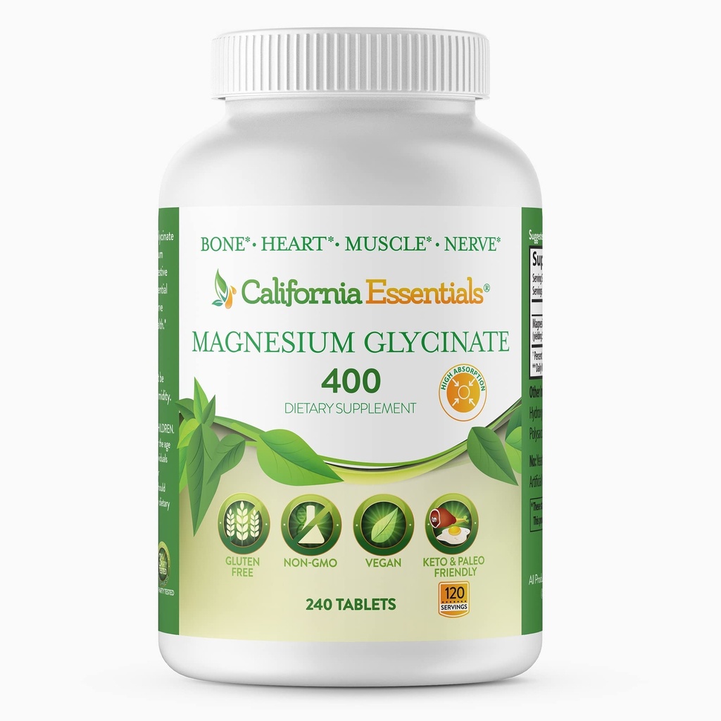 Magnesium Glycinate 400 - Chelated, High Absorption Magnesium for Muscle Relief, Bone & Heart Support -Vegan, Non-GMO, Gluten-Free 240 Tablets (Servings 120, Serving Size (2) 200mg Tablets)