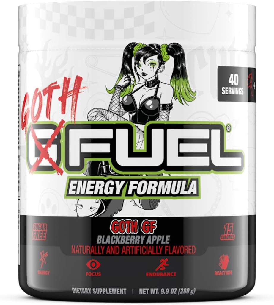 G Fuel Goth GF Energy Drink Powder, Pre Workout Caffeine Powder, Energy Powder Drink Mix for Gaming, Sugar Free Focus Amino, Vitamin + Antioxidants, 9.9oz (Blackberry Apple, 40 Servings)