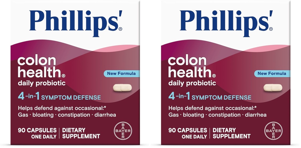Phillips' Colon Health Daily Probiotic Capsules,4-in-1 Symptom Defense to Help Defend Against Occasional Gas,Bloating,Constipation,and Diarrhea,Daily Supplement,90 Count (Pack of 2)