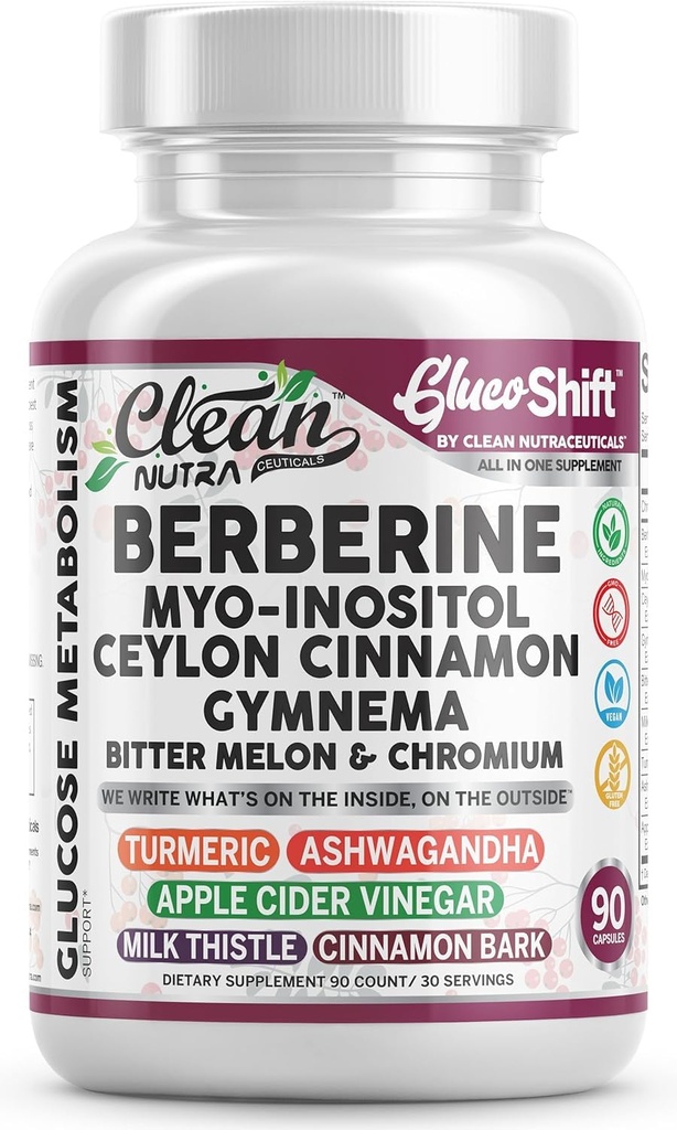 Clean Nutra Berberine Supplement Myo-Inositol Ceylon Cinnamon Gymnema Bitter Melon Chromium Complex for Digestion, Antioxidant Support & Wellness 90 Vegan Capsules Non-GMO