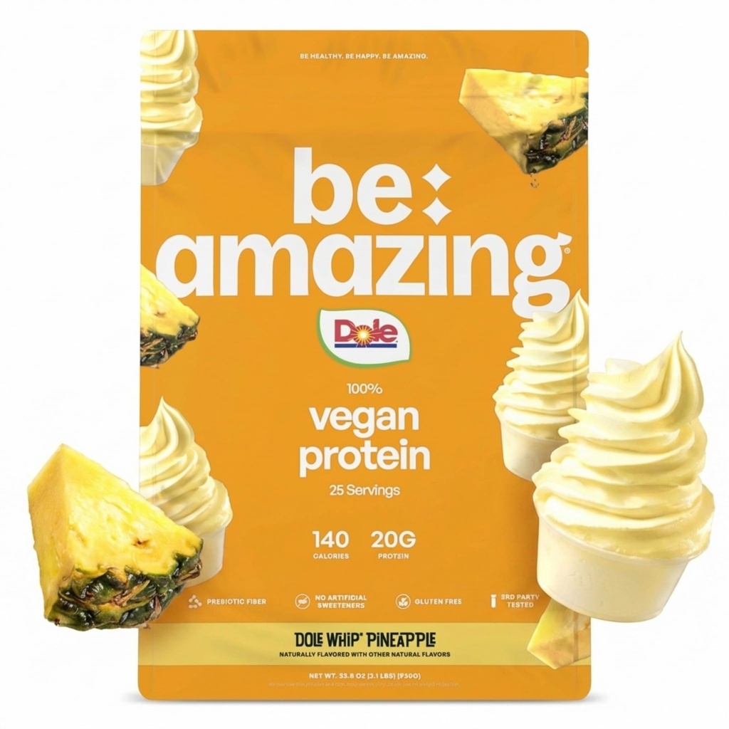BE AMAZING Vegan Protein Powder, Dole Whip Pineapple, 20g Plant Based Protein with Prebiotic Fiber, Low Carb, Dairy and Gluten Free Shake Mix, No Added Sugar, 29.3 oz, 25 Servings