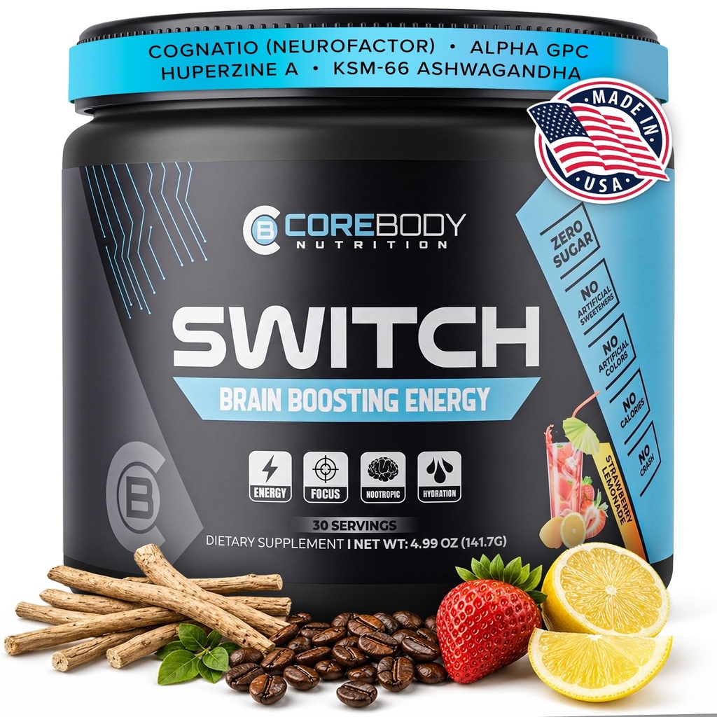 Switch, Brain Bobsting Nootropic Energy Suppose Powder - 在美国制造 - Alpha GPC, NALT, Ashwagandha, 无糖能源, Keto, 增强精神焦点和认知功能, 增强Mood和记忆