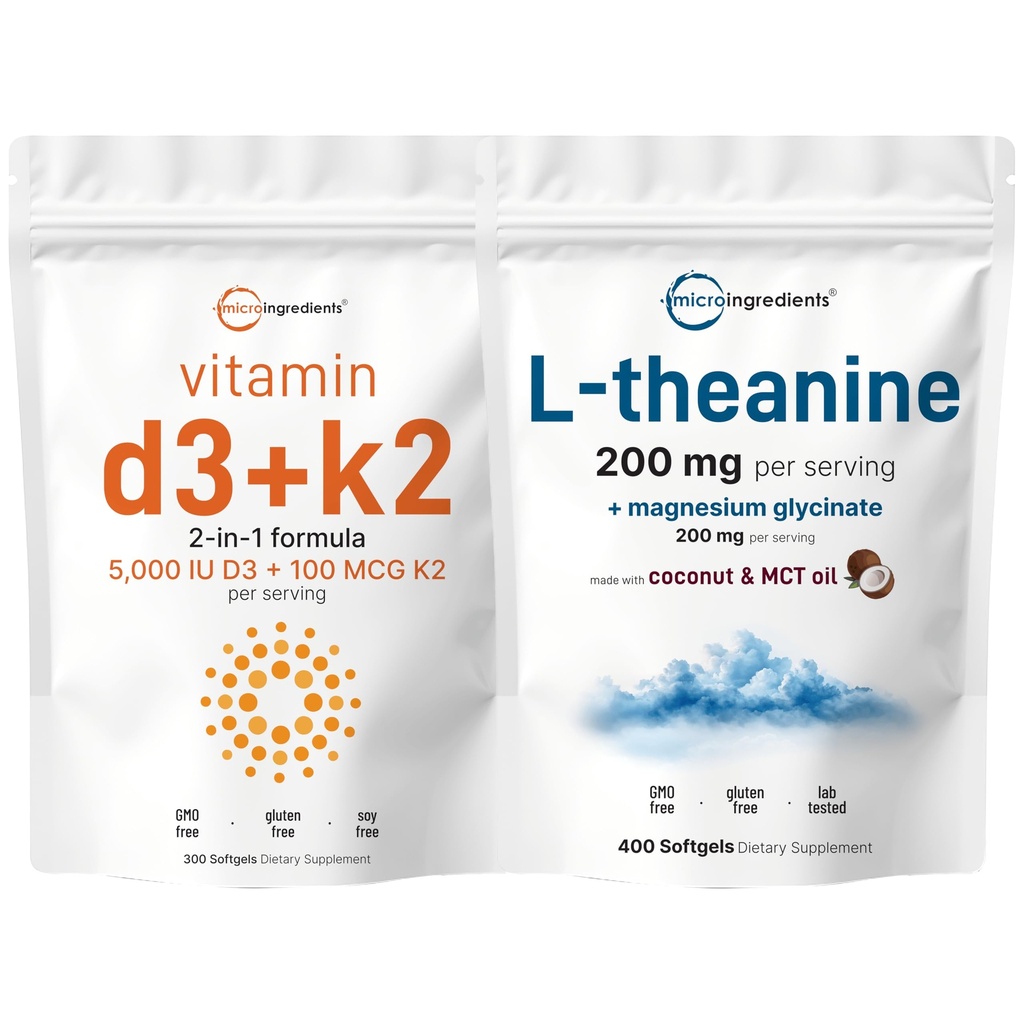 Micro Ingredients Vitamin D3 5,000iu + K2 100mcg Softgels & L-Theanine 200mg with Magnesium Glycinate Bundle 2 Pack | Essential Sunshine Vitamins | Amino Acid & Mineral Complex