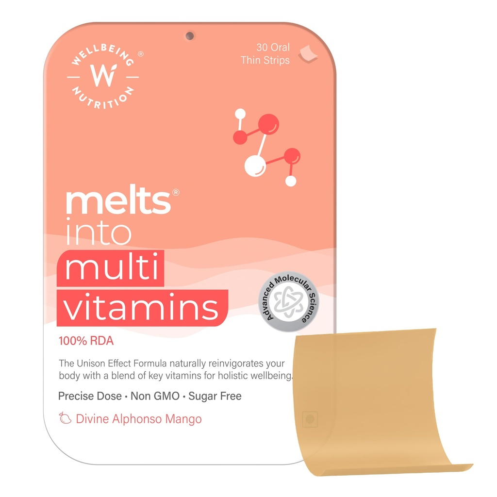 Wellbeing Nutrition Melts Plant Based Multivitamin for Men & Women with 100% RDA of Zinc, B-Complex, Vitamin C, D3 + K2(MK7), Ashwagandha & Ginseng for Immunity & Energy, 30 Oral Strips