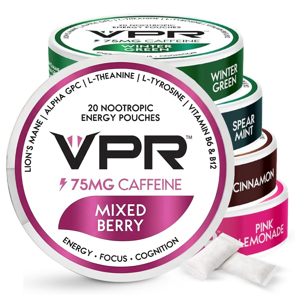VPR 75mg Cafeine Nootropic Pouches 20 Counter Energy Pouches with Lion's Mane, Alpha-GPC, Vitamin B6 & B12, L-Theanine, 和 L-Tyrosine 20 与无糖 QQ Variety Pack 天然裂纹焦点布袋