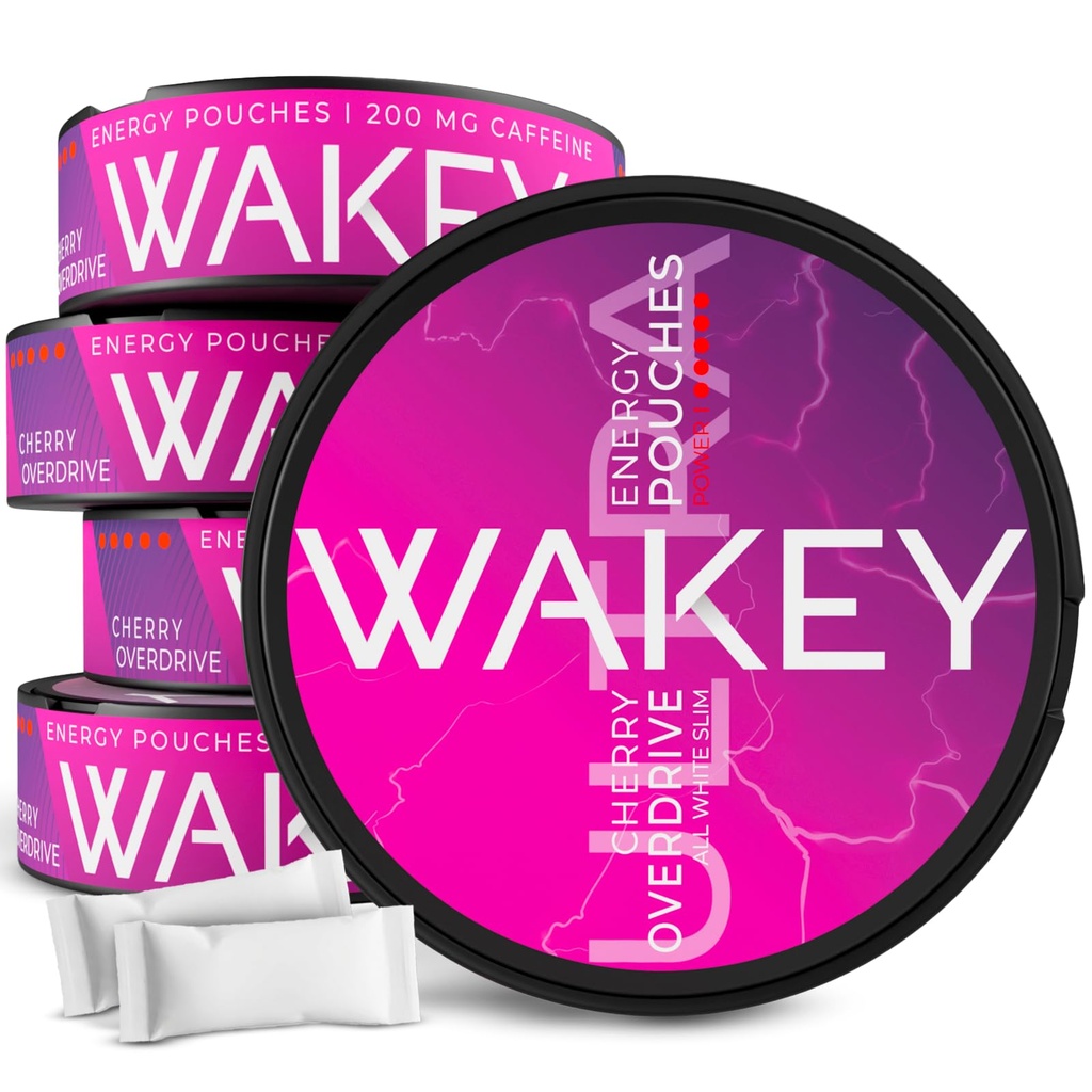 Wakey Energy Caffeine Pouches | 200mg Caffeine | Vitamin A, C, D, B12, Thiamin (Vitamin B1) | Zero Sugar - 20 Nicotine Free Pouches (5 Pack) (Cherry Overdrive 200mg)