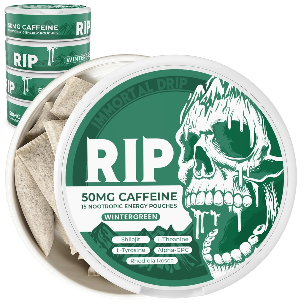 Immortal Drip RIP Nootropic Energy Pouches (Wintergreen) – 5 Cans – 15 Pouches 每Can – 清洁能源与焦点支持 – 50mg Cafeine, Shilajit, Alpha-GPC, L-Tyrosine, Rhodiola