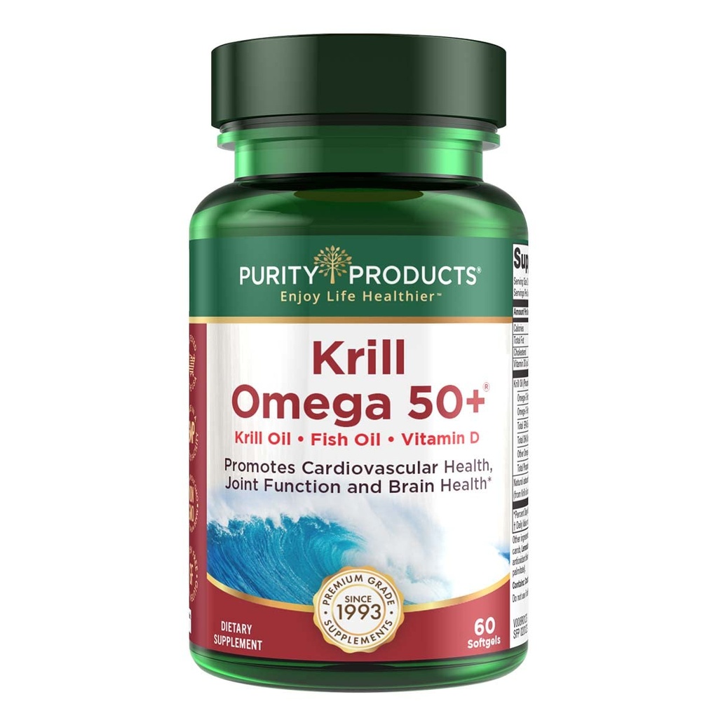 纯度产品Krill Omega 50(Krill + Fish Oil Blend 1000mg + Astaxanthin 500mcg + Phospolipids 200mg + 维生素D 500 IU) - 60 小型软胶
