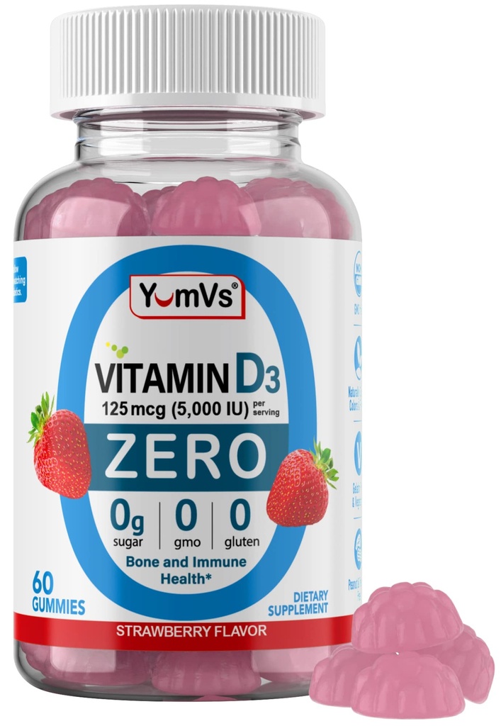 Yum-Vs - 成人和孩子用零糖的维生素D3 Gummys(125 mcg - 60 counter) - 无糖维生素D Gummys - 蔬菜Gummy Vitamins for Bone Support & Immune Health - Vit D3 Vitamin Chewwable (英语).