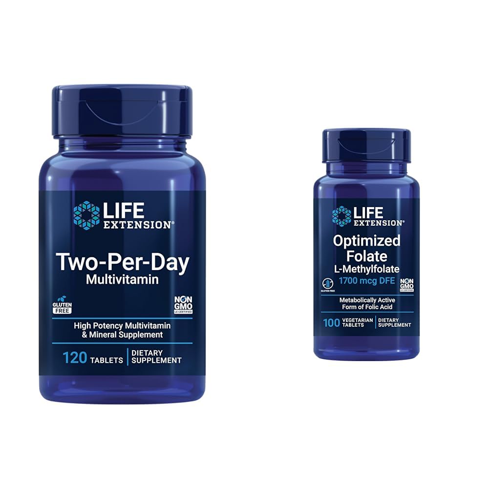 Life Extension Two-Per-Day 120-Tablet Multi-Vitamin & 1700mcg Optimized Folate 100-Tablet Heart & Brain Support Bundle