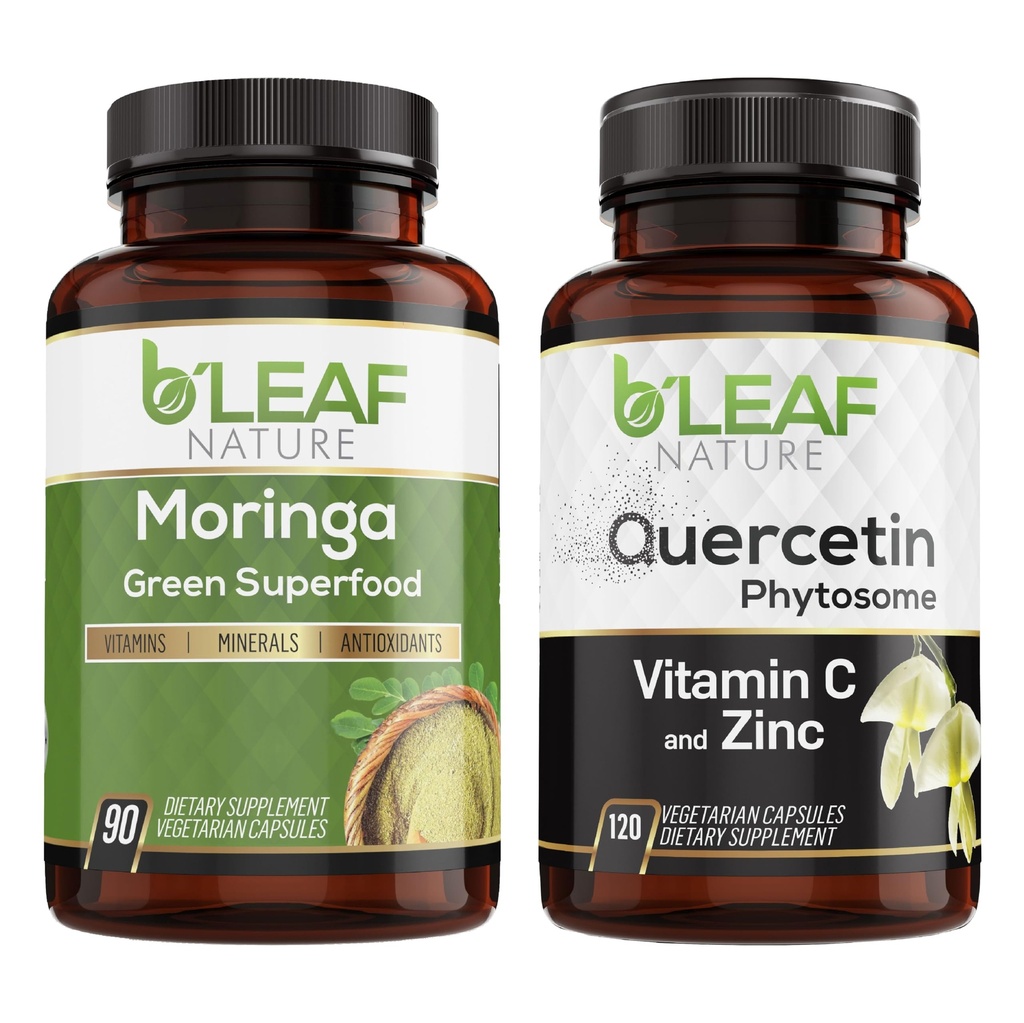 B'LEAF NATURE Moringa and Quercetin Bundle - Non-GMO, Vegan, High Absorption Capsules - 1000mg Quercetin Phytosome Blend + 1000mg Moringa - Natural Energy, Wellness and Immune Support Supplements