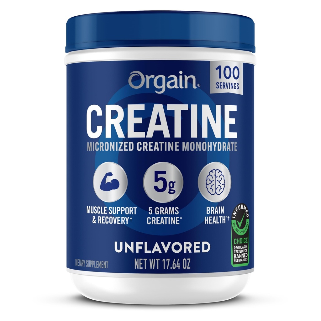 Orgain Creatine 单水合物微粉、100名服务者、未受欢迎者、支持肌肉生长者、工作后恢复者和脑部健康者、没有人工添加剂者,供男子和妇女使用(包装5月Vary)