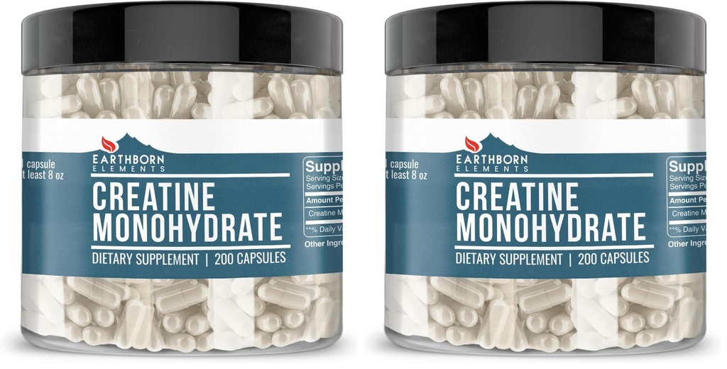 土生元素 Creatine 单水合物 200 Capsules, Pure & Undiluted, no Additives (Pack of 2)