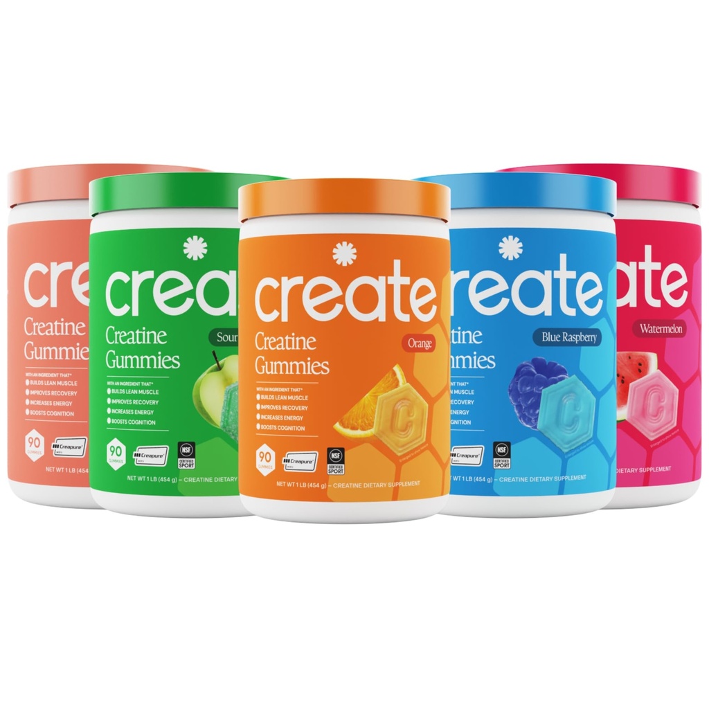 创建Creatine Monohydrate Gummys - High Five Bundle - Sour Peach, Sour Apple, 西瓜, Blue Raspberry & Orange - Creatine Gummys for Women & Men, NSF认证,第三党测试, (5-Pack)