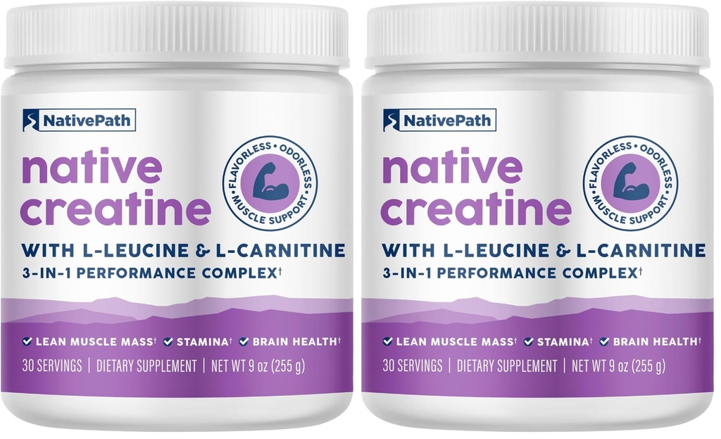 配有L-Leucine & L-Carnitine的原生Path Creatine 单水合物粉末 -- -- 男女肌肉建筑补充剂 -- -- 30名服务人员(2包)