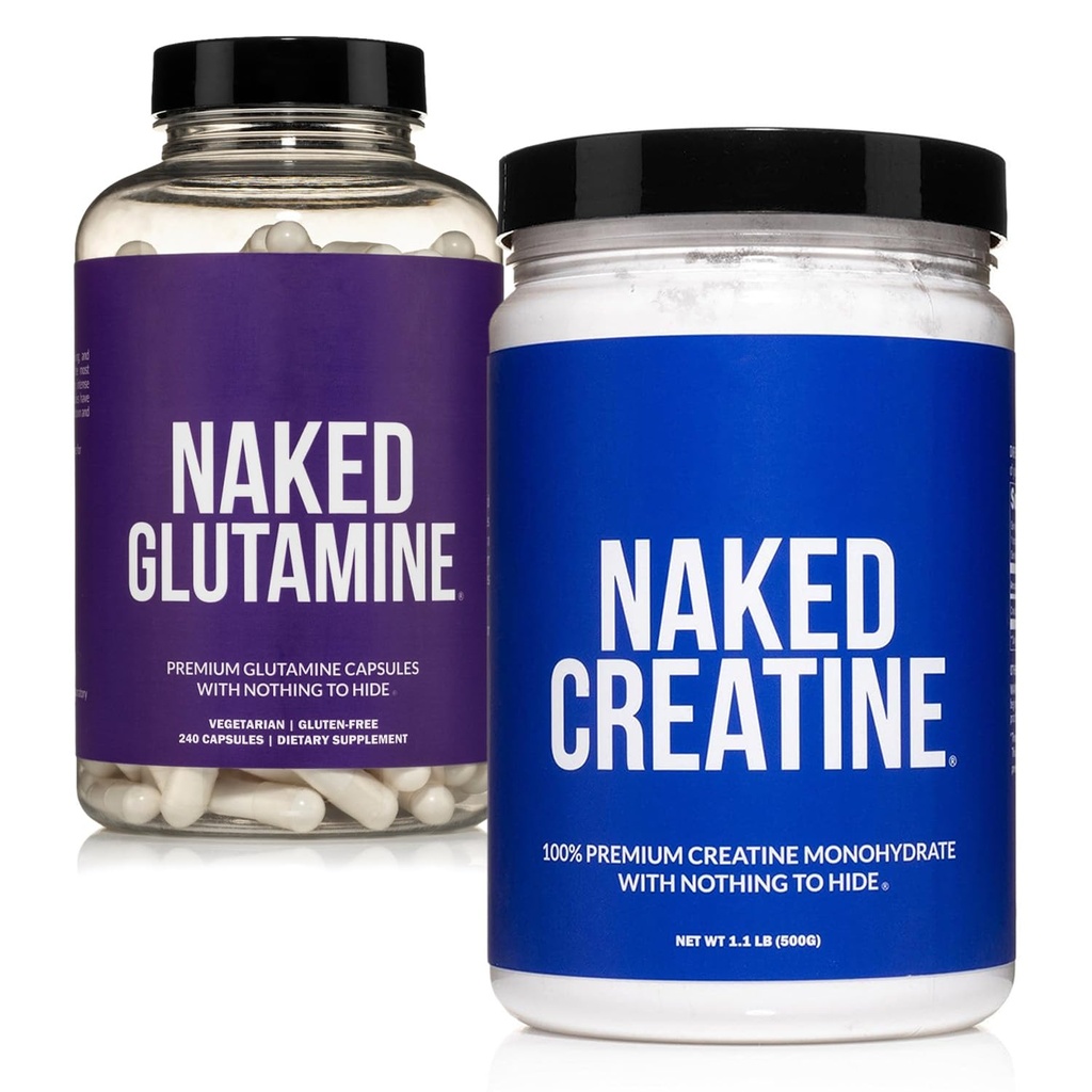 NAKED 纯微晶体单水合物 100 功率+纯L-Glutanine 240 Capsules Bundle: Vegan, Non-GMO, Gluten Free. 最小肌肉分解和改进蛋白质合成. 没有人工的