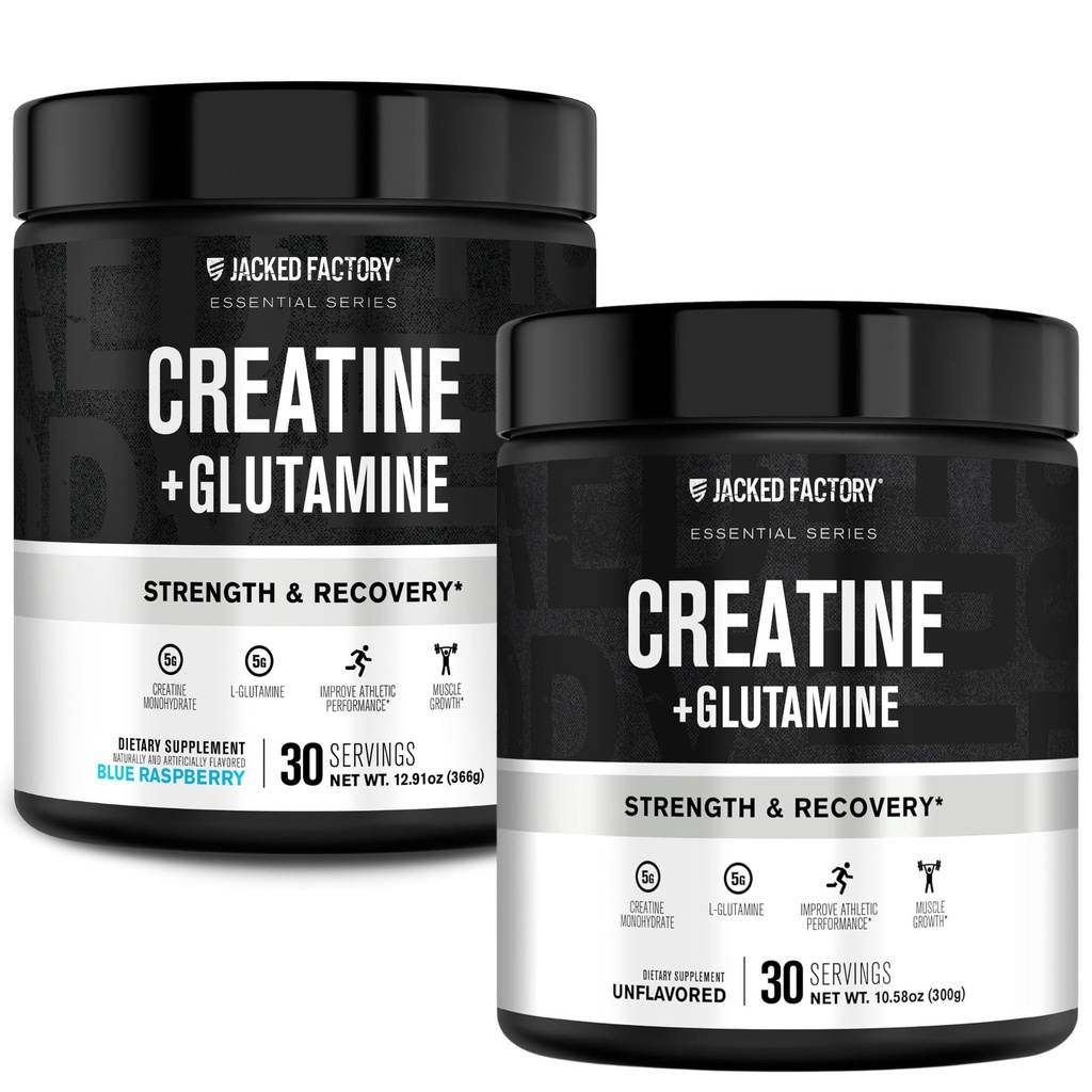 Jaked Factory Creatine + Glutamine - 含有L-Glutamine的Creatine补充剂,用于肌肉恢复,肌肉生长,增强力量(30种服务,不味和30种服务,蓝莓)