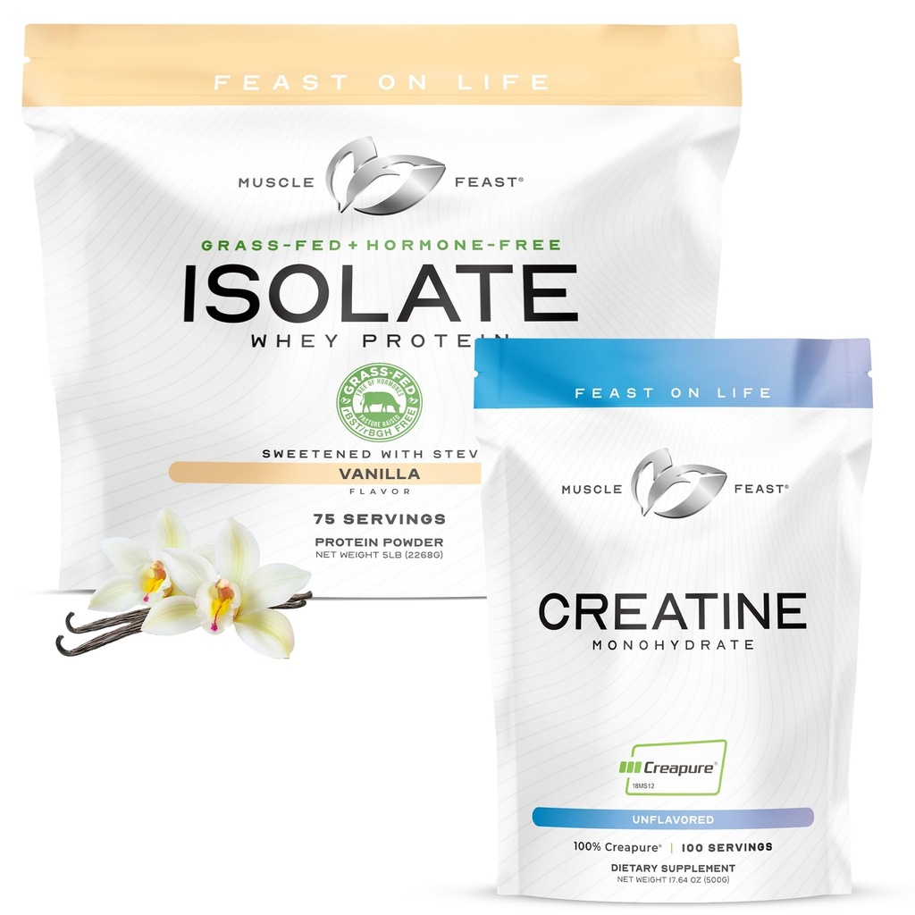 肌肉节食包 — Creapure Creatine 单水合物 粉末 无味500g (1 Unit) + Grass- Fed 蛋白质 单质 香草 5lb (1 Unit), 所有天然的无激素 增生