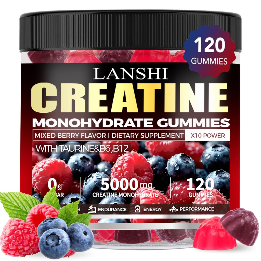 Creatine Monohydrate Gummys 5000mg - 男女免糖前工作补充,Creatine Gummys for Muscle, 力量,恢复,认知健康与记忆,混合Berry Flavor, 120 Count