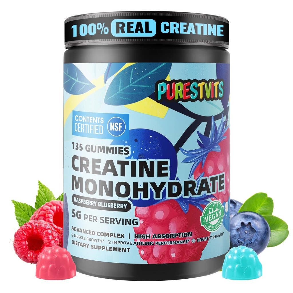 NSF认证Creatine Gummy 5g - Creatine Monohydrate Gummys – 工作前能量和肌肉生长支持 男与女 QQ蓝莓Raspberry Electrolyte Gummys(135个计数)