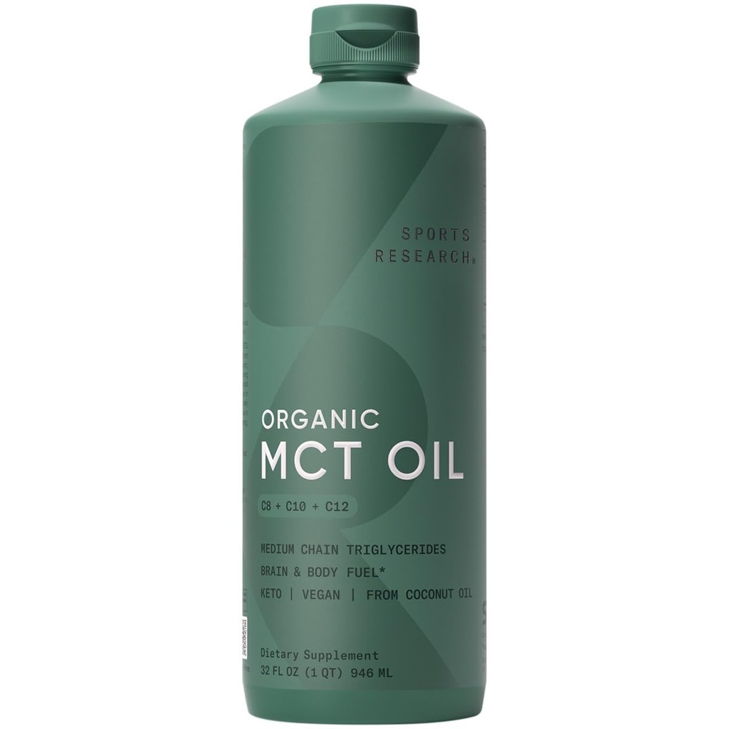 Sports Research Organic MCT Oil - Keto & Vegan MCTs C8, C10, C12 from Coconuts - Fatty Acid Brain & Body Fuel, Non-GMO & Gluten Free - Flavorless Oil, Perfect in Coffee, Tea & Protein Shakes - 32 oz