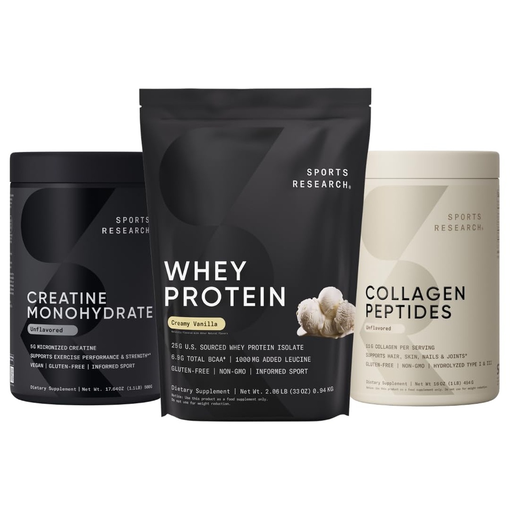 Sports Research® Protein Pack - Whey Isolate Protein Powder 2.1lb + Creatine Monohydrate 1.1lb + Collagen Peptides 1lb