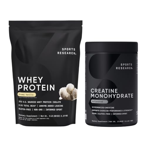 运动研究 ® Creatine Monohydrate (100 services) & Vanilla Whei 蛋白质(63 services),精益肌肉建筑动态杜奥,提高性能,力量和工作恢复 - 运动营养素