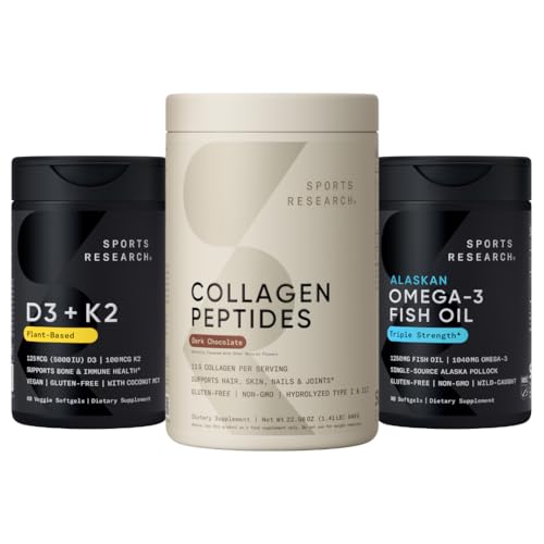 Sports Research® Skin Joint and Bones Pack - Dark Chocolte Collagen Peptides, Triple Strength Omega-3 Fish Oil Supplement, and Vitamin D3 5000iu & Mk7 Vitamin K2 with Coconut MCT Oil