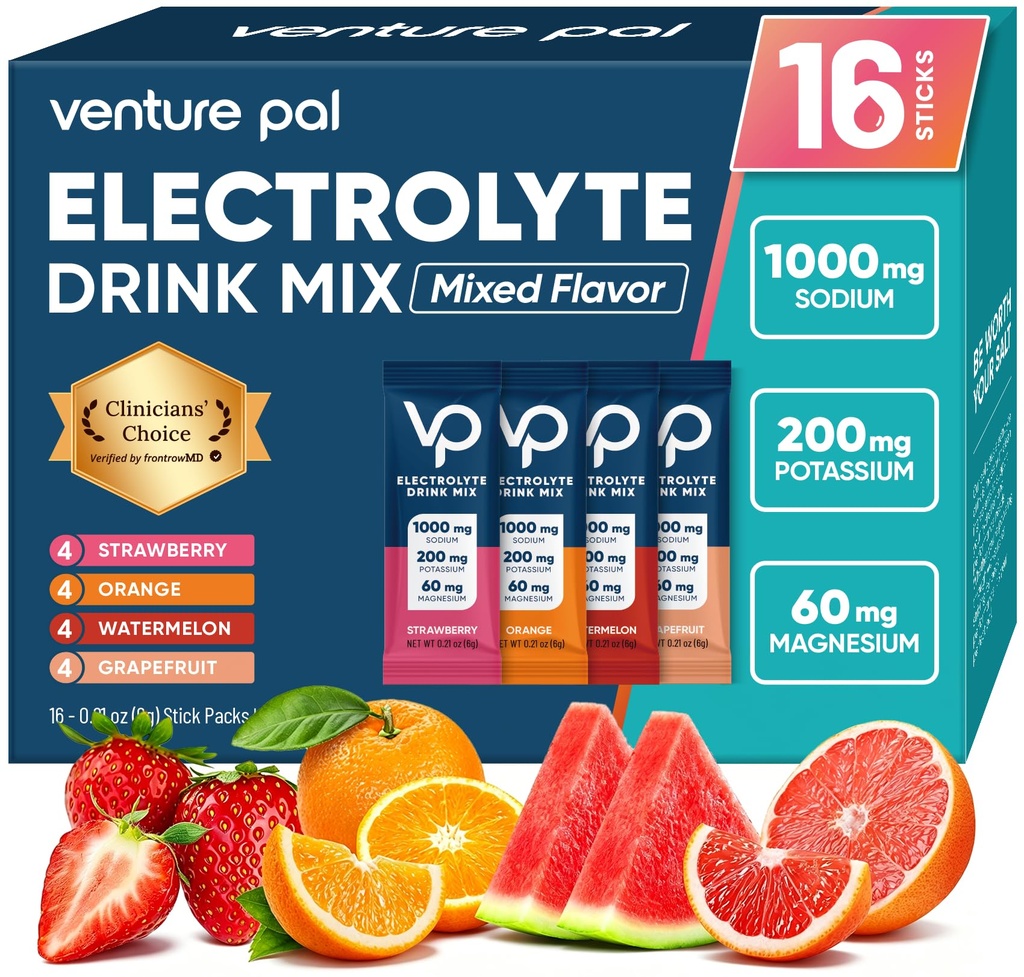 Venture Pal High Sodium Sugar Free Electrolytes Powder Packet - 带有维生素,钠和钾的水化包 → 零卡路里 → Vegan, Keto & Paleo 友好电解质 饮料 – 16 棒